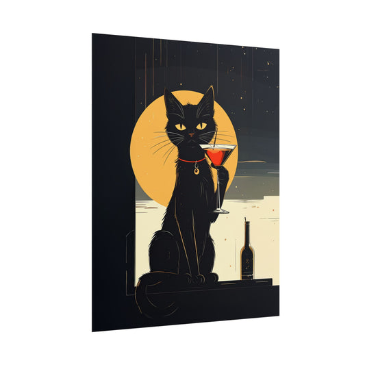 Black Cat Cocktail Poster – Moonlit Cat Bar Rolled Poster
