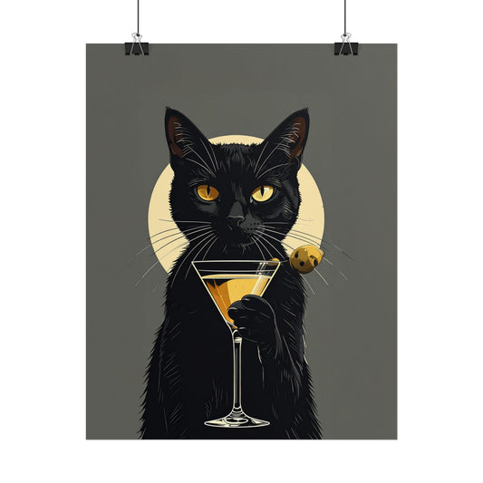 Black Cat Martini Poster – Elegant Cocktail Rolled Poster  for Cat Lovers