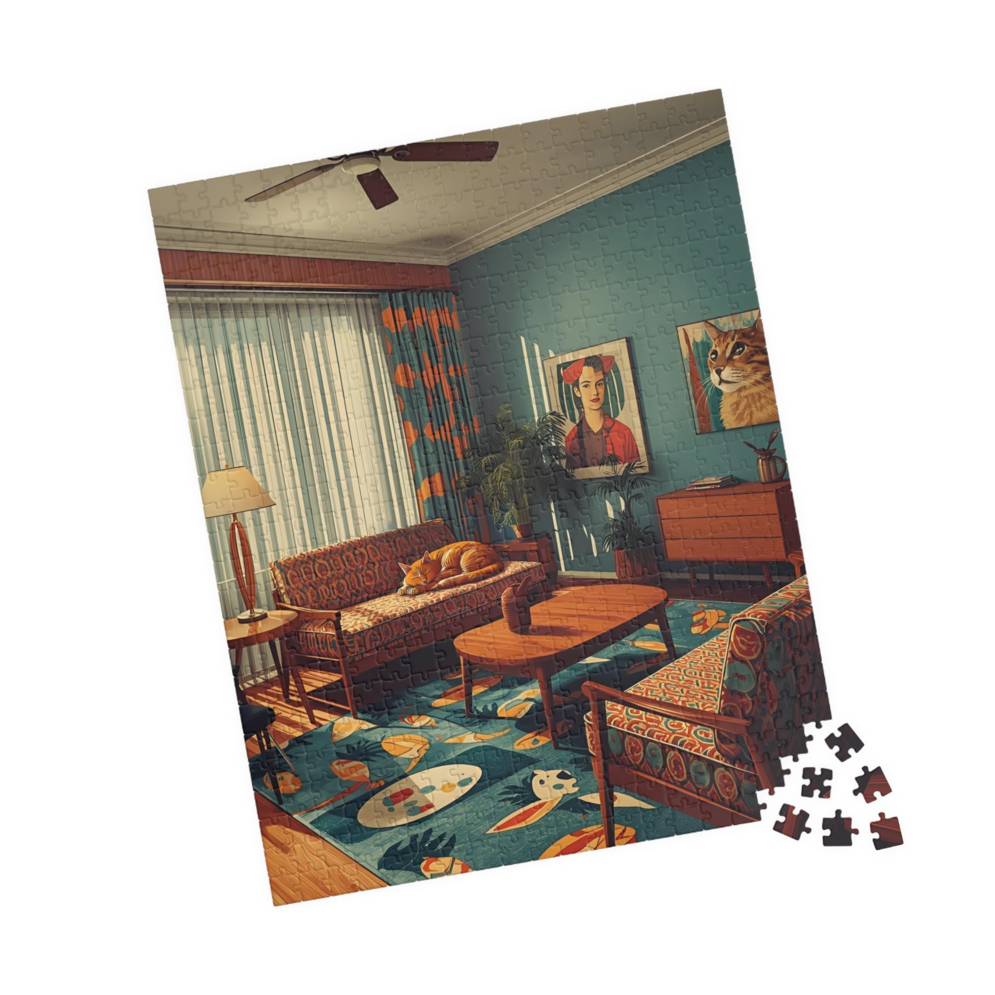 Mid-Century Modern Cat Living Room Puzzle – Retro Cat Jigsaw