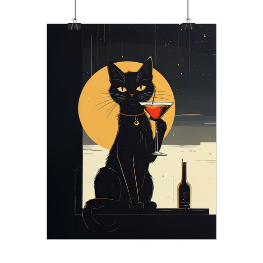Black Cat Cocktail Poster – Moonlit Cat Bar Rolled Poster