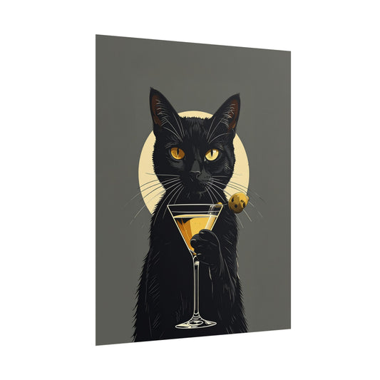 Black Cat Martini Poster – Elegant Cocktail Rolled Poster  for Cat Lovers