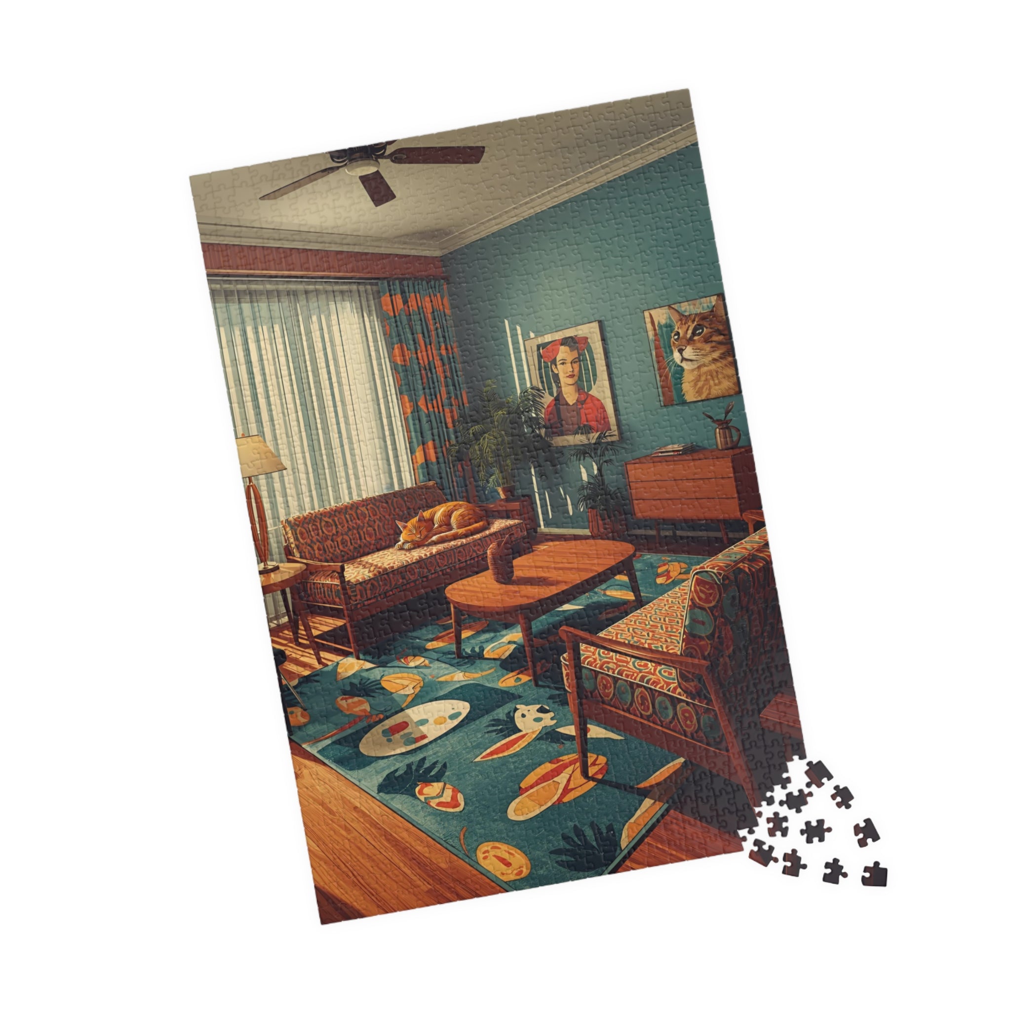 Mid-Century Modern Cat Living Room Puzzle – Retro Cat Jigsaw