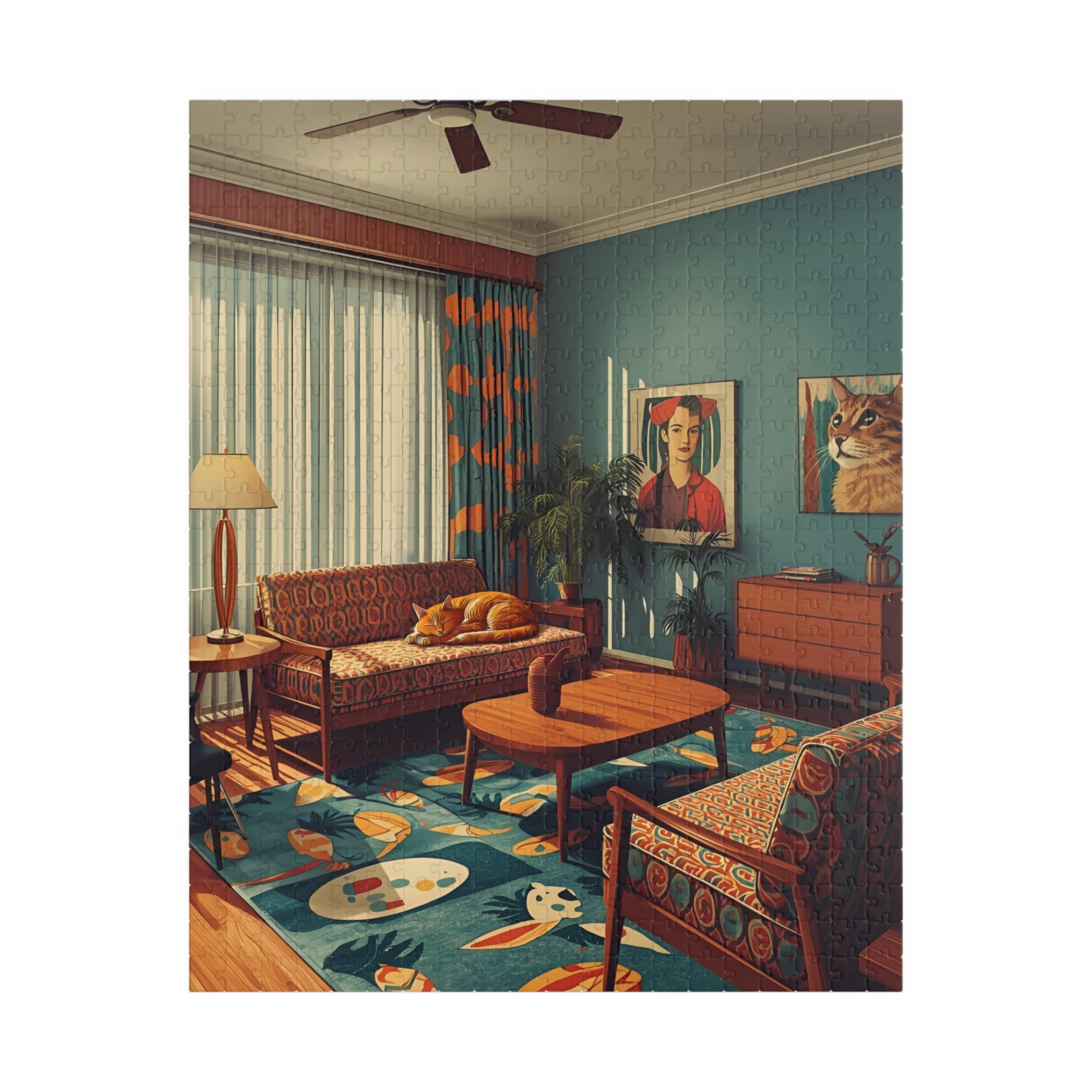 Mid-Century Modern Cat Living Room Puzzle – Retro Cat Jigsaw