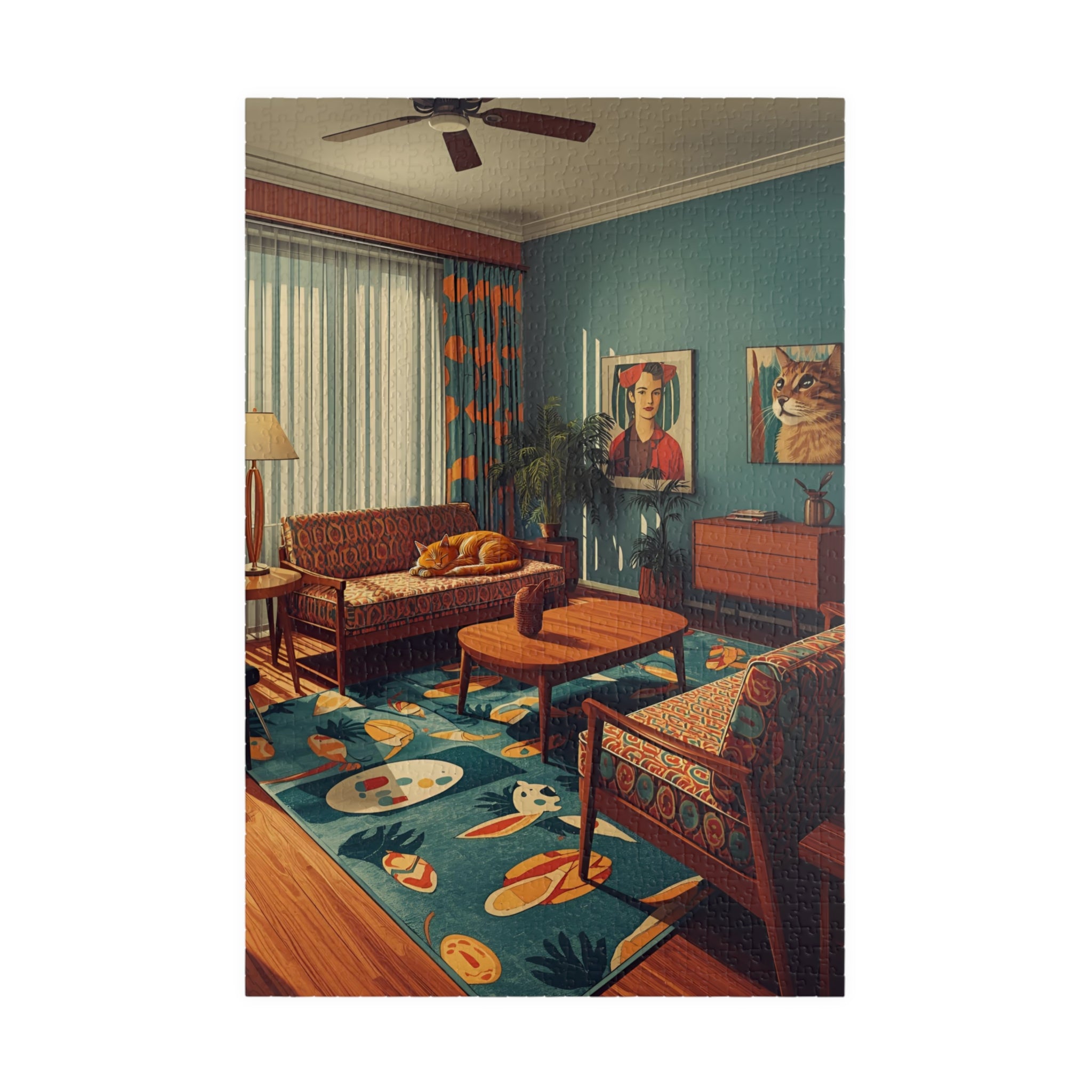 Mid-Century Modern Cat Living Room Puzzle – Retro Cat Jigsaw